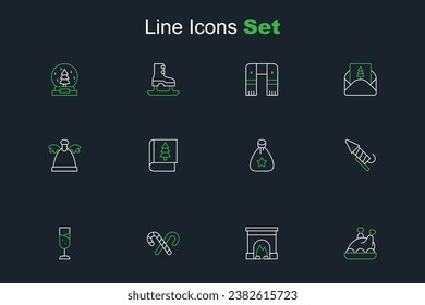 Set line Roasted turkey or chicken, Interior fireplace, Candy cane with stripes, Glass of champagne, Firework rocket, Santa Claus bag gift, Christmas book and Angel icon. Vector