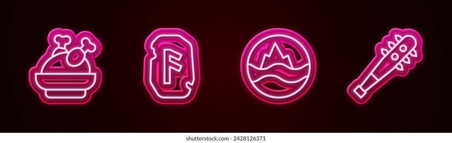 Set line Roasted turkey or chicken, Magic rune, Sea and waves and Mace with spikes. Glowing neon icon. Vector