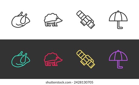 Set line Roasted turkey or chicken, Hedgehog, Winter scarf and Umbrella on black and white. Vector