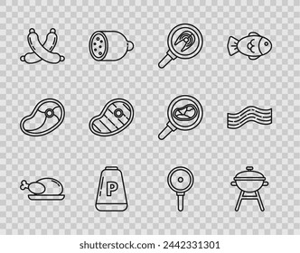 Set line Roasted turkey or chicken, Barbecue grill, Fish steak in frying pan, Pepper, Crossed sausage, Steak meat, Frying and Bacon stripe icon. Vector