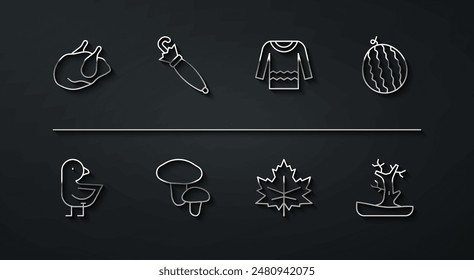 Set line Roasted turkey or chicken, Little, Watermelon, Leaf leaves, Mushroom, Umbrella, Bare tree and Sweater icon. Vector