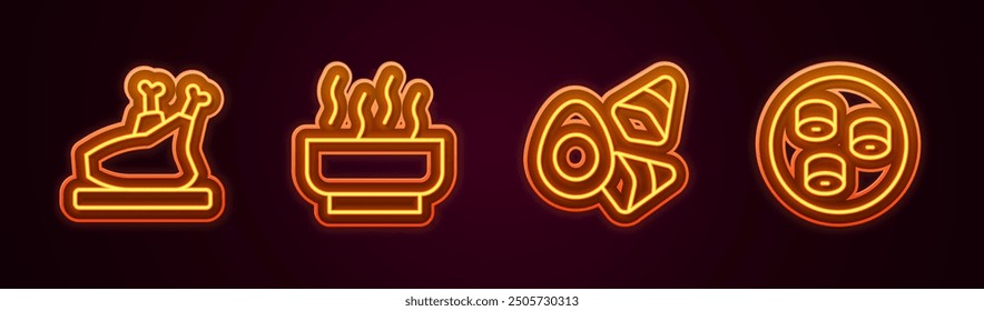 Set line Roasted turkey or chicken, Ramen soup bowl, Chicken egg with vegerables and Sushi. Glowing neon icon. Vector