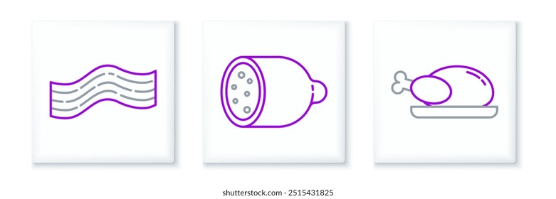 Set line Roasted turkey or chicken, Bacon stripe and Salami sausage icon. Vector