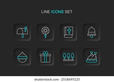 Set line Roasted turkey or chicken, Christmas lights, Gift box, ball, ringing bell, Holy bible book, Lollipop and Mail icon. Vector