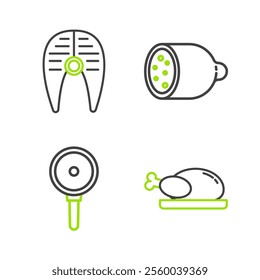 Set line Roasted turkey or chicken, Frying pan, Salami sausage and Fish steak icon. Vector