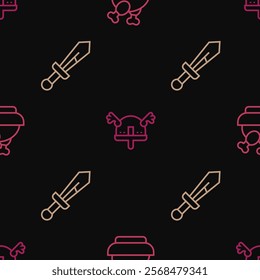 Set line Roasted turkey or chicken, Medieval sword and Viking in horned helmet on seamless pattern. Vector