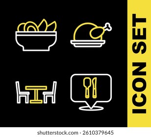 Set line Roasted turkey or chicken, Cafe and restaurant location, Wooden table with chair and Nachos in plate icon. Vector