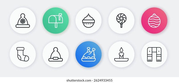 Set line Roasted turkey or chicken, Christmas ball, stocking, Burning candle, Lollipop, Winter scarf and Santa Claus hat icon. Vector