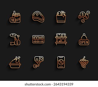 Set line Roasted turkey or chicken, Security camera, Cigarettes pack box, Percent discount and mobile, Grape fruit, Barcode, Hanging sign with Open and Warehouse interior boxes icon. Vector