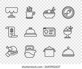Set line Roasted turkey or chicken, Covered with tray, Asian noodles in bowl, Kettle handle, Wooden table, Hotel service bell, Cooking pot and Ice cream icon. Vector