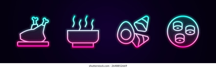Set line Roasted turkey or chicken, Ramen soup bowl, Chicken egg with vegerables and Sushi. Glowing neon icon. Vector