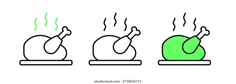 Set línea Pavo asado o icono de pollo aislado sobre fondo blanco.  Vector
