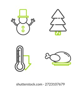 Pavo o pollo asado, medición del termómetro de meteorología, árbol de Navidad e icono de muñeco de nieve. Vector