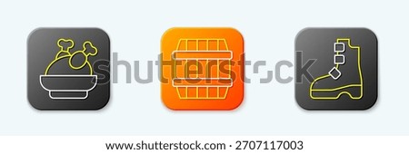 Set line Roasted turkey or chicken, Wooden barrel and Ancient viking boots icon. Vector