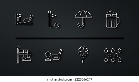 Set line Robin hood hat, England flag on flagpole, Wooden beer mug, Four leaf clover, Golf club with ball tee, Water drop and Umbrella icon. Vector
