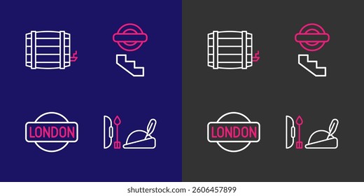 Set line Robin hood hat, London sign, underground and Wooden barrel icon. Vector