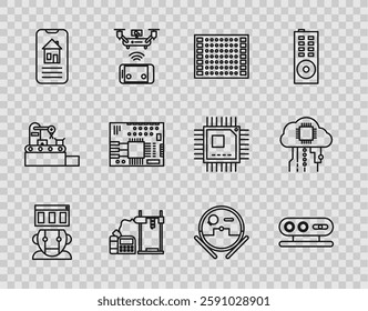 Set line Robot, 3d scanning system, Printed circuit board PCB, 3D printer, Smart home, vacuum cleaner and Internet of things icon. Vector