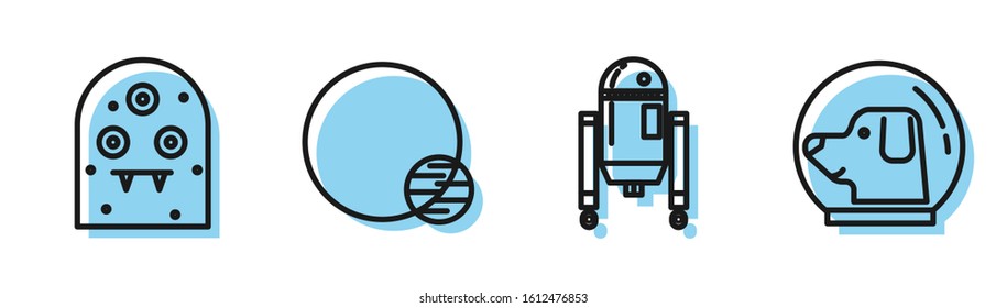 Set line Robot, Alien, Planet and Dog in astronaut helmet icon. Vector