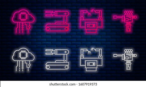 Set line Robot, Assembly line, Internet of things and Mechanical robot hand and screwdriver. Glowing neon icon on brick wall. Vector