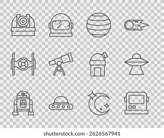 Set line Robot, Astronaut helmet, Planet Venus, UFO flying spaceship, Astronomical observatory, Telescope, Moon and stars and  icon. Vector