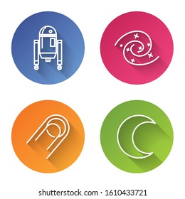 Set line Robot, Black hole, Satellite and Moon and stars. Color circle button. Vector