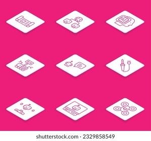 Set line Robot blueprint, Artificial intelligence, Humanoid robot, Bot, Soldering iron, Disassembled and  icon. Vector