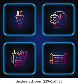 Set line Robot blueprint, Broken robot, Electric plug and Humanoid. Gradient color icons. Vector