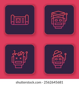 Set line Robot blueprint, Broken robot,  and . Blue square button. Vector