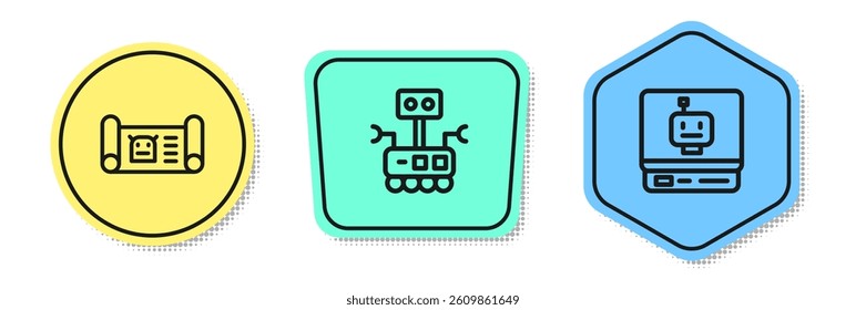 Set line Robot blueprint,  and . Colored shapes. Vector