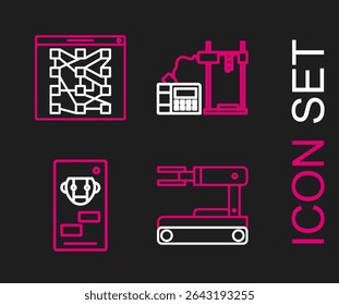 Set line Robot, Bot, 3D printer and Global technology or social network icon. Vector