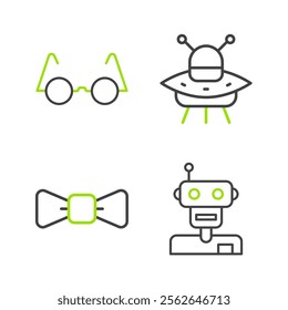 Set line Robot, Bow tie, UFO flying spaceship and Eyeglasses icon. Vector