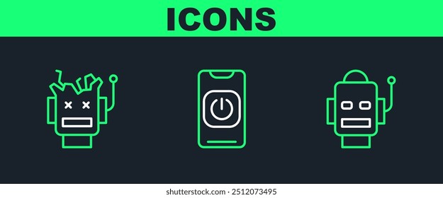 Set line Robot, Broken robot and Turn off from phone icon. Vector