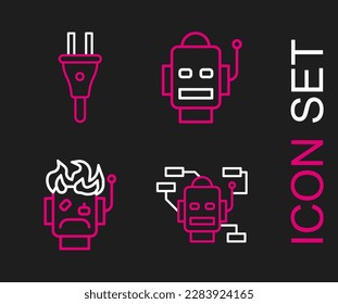 Set line Robot, burned out,  and Electric plug icon. Vector