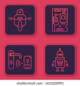Set line Robot, Digital door lock with wireless technology for unlock, Electronic computer components motherboard digital chip and Robot. Blue square button. Vector