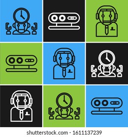 Set line Robot and digital time manager, Worker robot and 3d scanning system icon. Vector