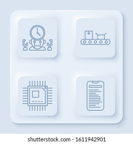 Set line Robot and digital time manager, Conveyor belt with cardboard box, Processor with microcircuits CPU and Computer api interface. White square button. Vector