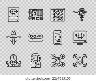Set line Robot and digital time manager, Drone flying with action camera, Global technology or social network, Worker robot, User manual, 3d scanning system,  and Bot icon. Vector