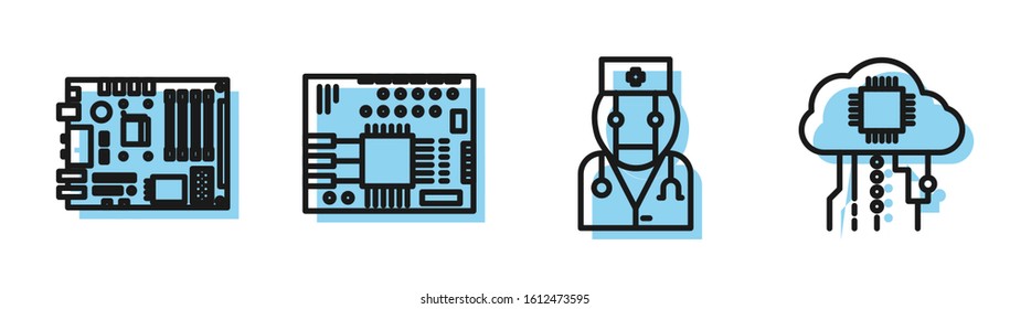 Set line Robot doctor, Electronic computer components motherboard digital chip, Printed circuit board PCB and Internet of things icon. Vector