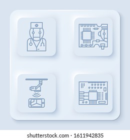 Set line Robot doctor, Printed circuit board PCB, Wireless Controlling CCTV security camera and Printed circuit board PCB. White square button. Vector