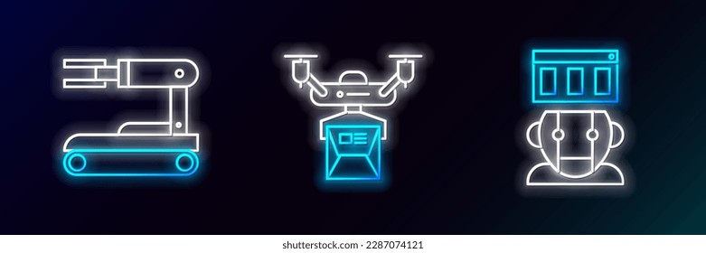 Set line Robot,  and Drone delivery concept icon. Glowing neon. Vector