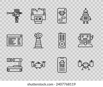 Set line Robot, Drone flying with action camera, Bot, Mechanical robot hand and screwdriver, Antenna, Smart home and  icon. Vector