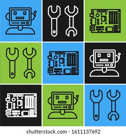Set line Robot, Electronic computer components motherboard digital chip and Spanner icon. Vector