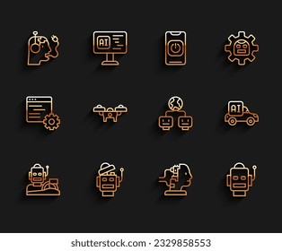 Set line Robot humanoid driving a car, charging battery, for maintenance, Drone, Autonomous smart and Artificial intelligence icon. Vector