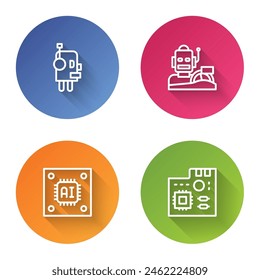 Set line Robot, humanoid driving a car, Processor with microcircuits CPU and Motherboard digital chip. Color circle button. Vector
