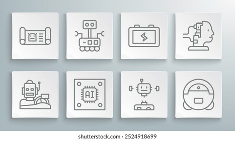 Set line Robot humanoid driving a car, Processor with microcircuits CPU, Disassembled robot, vacuum cleaner, Battery, for maintenance and blueprint icon. Vector