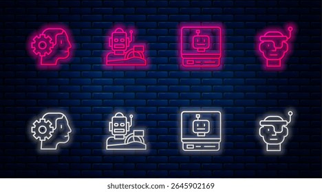 Set line Robot humanoid driving a car, , Humanoid robot and Smart glasses. Glowing neon icon on brick wall. Vector