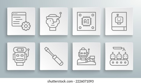 Fijar la línea Robot bajo carga de la batería, Destornillador, coche de conducción humanoide, Producción industrial de robots, CPU de procesador con microcircuitos, manual de usuario e icono de interfaz de computadora. Vector