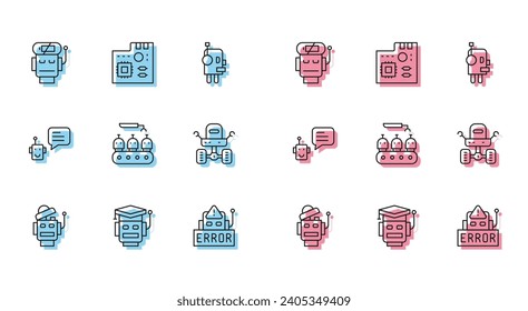 Set line Robot, low battery charge, Error in robot, Industrial production of robots, Mars rover, Bot and Motherboard digital chip icon. Vector