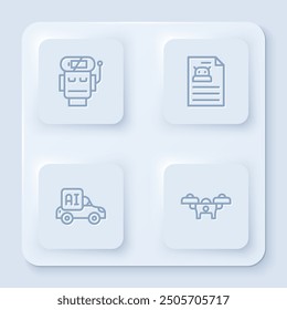 Set line Roboter niedrige Batterieladung, Technische Spezifikation, Autonome Smart Car und Drone. Weißer quadratischer Knopf. Vektorgrafik