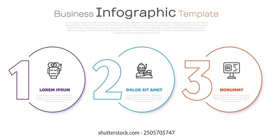 Set line Robot low battery charge, humanoid driving car and Software. Business infographic template. Vector